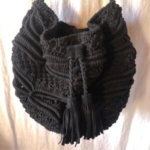 Like new BCBG cotton and buffalo leather tassels crochet macrame bucket bag OS